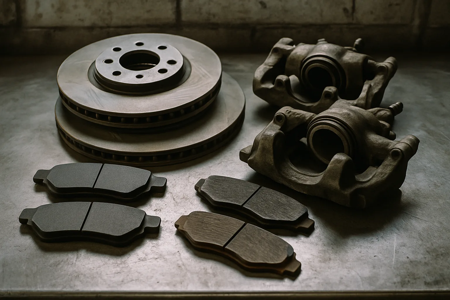 Brake components and parts arranged on a workbench